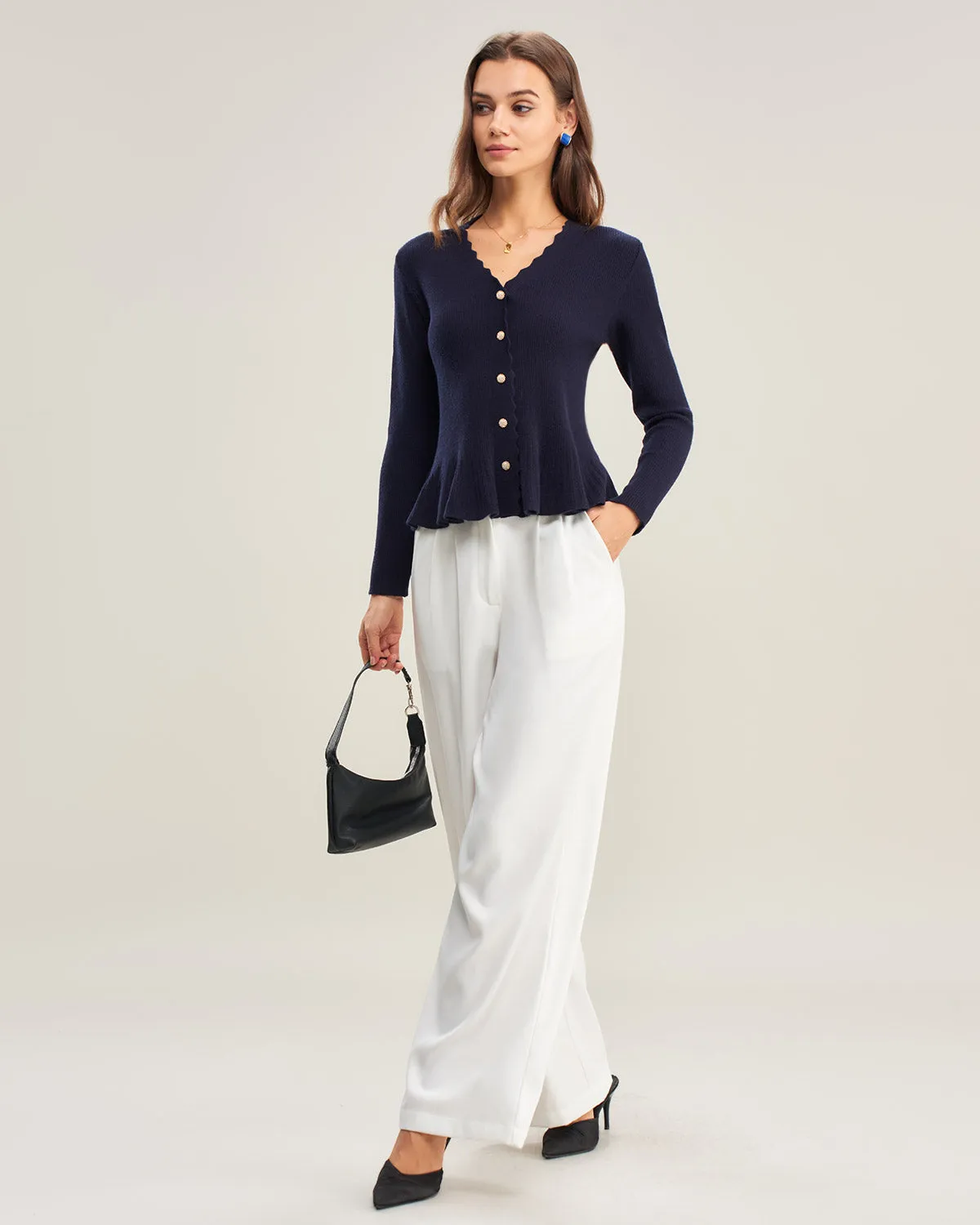 Navy V Neck Ruffle Knit Cardigan sold by rihoas product image thumbnail 4