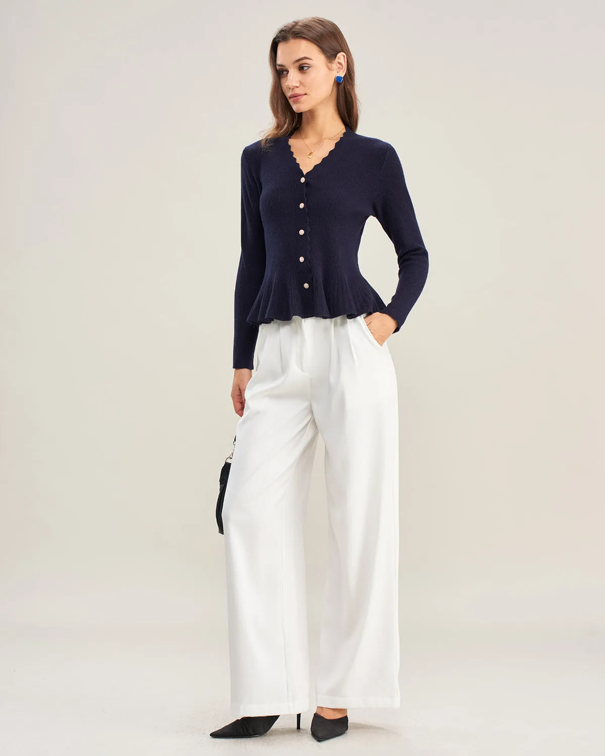 Navy V Neck Ruffle Knit Cardigan sold by rihoas product image thumbnail 3