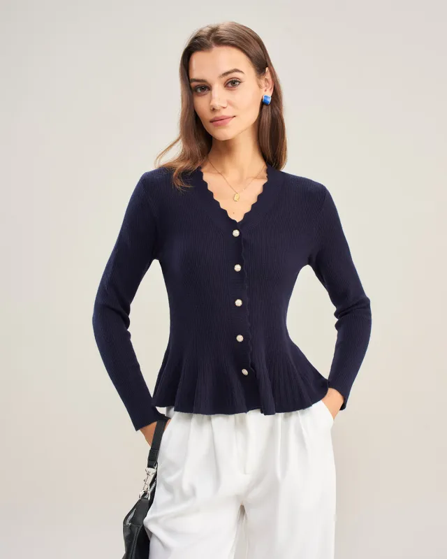 Navy V Neck Ruffle Knit Cardigan sold by rihoas
