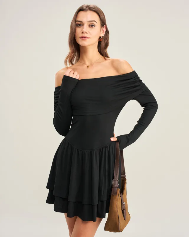 Black A-Line Off The Shoulder Mini Dress sold by rihoas