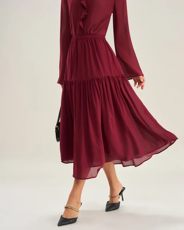 Wine Red Chiffon A-Line Midi Skirt sold by rihoas