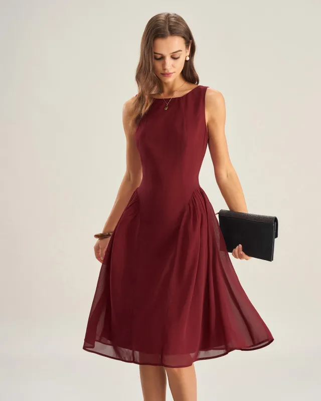 Wine Red Chiffon Sleeveless Midi Dress sold by rihoas