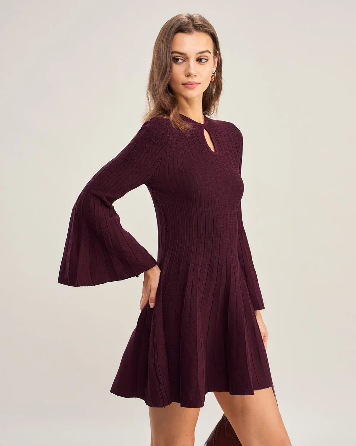 Purple A-Line Bell Sleeve Sweater Dress sold by rihoas product image thumbnail 3