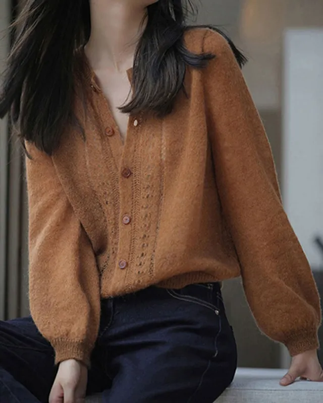 Brown Cut Out Ribbed Knit Cardigan sold by rihoas