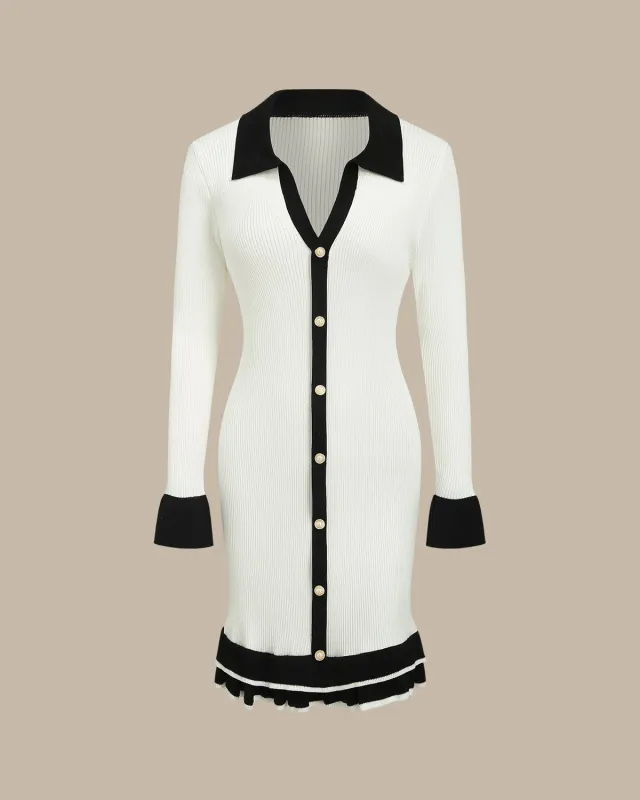 White Contrasting V Neck Button Dress sold by rihoas