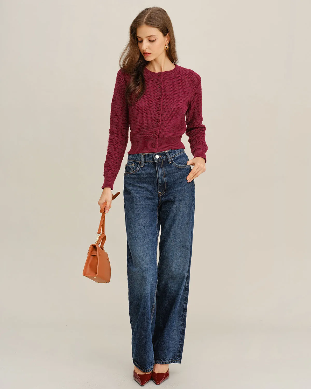 Wine Red Single Breasted Round Neck Knit Cardigan sold by rihoas product image thumbnail 5