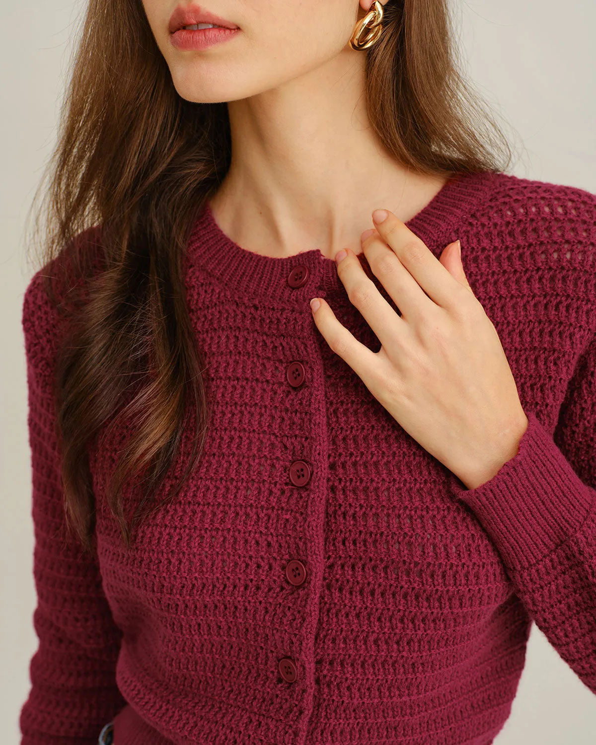 Wine Red Single Breasted Round Neck Knit Cardigan sold by rihoas product image thumbnail 2