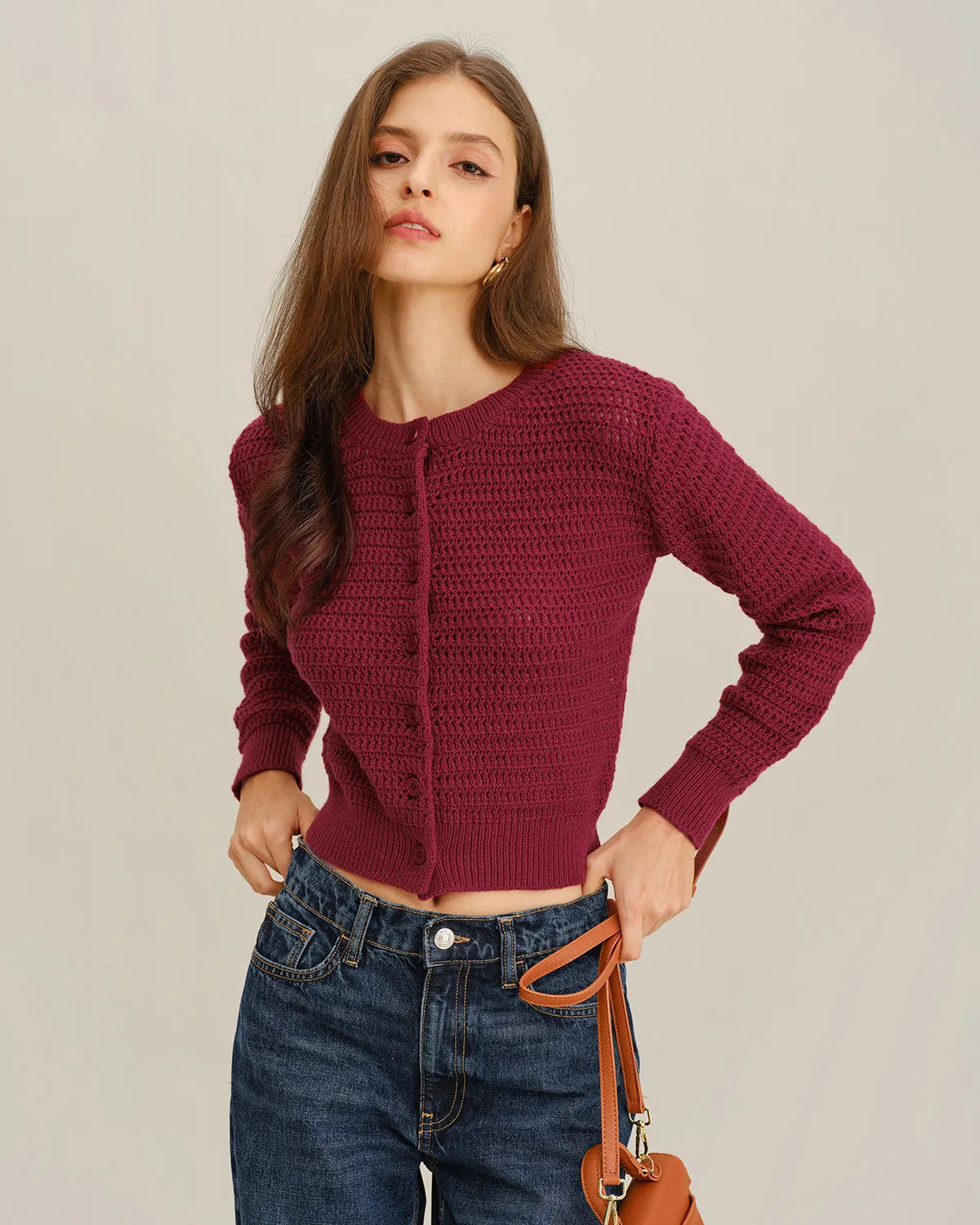 Wine Red Single Breasted Round Neck Knit Cardigan sold by rihoas product image thumbnail 3