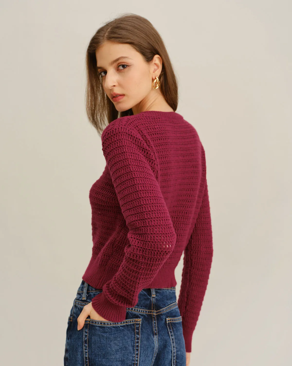 Wine Red Single Breasted Round Neck Knit Cardigan sold by rihoas product image thumbnail 4