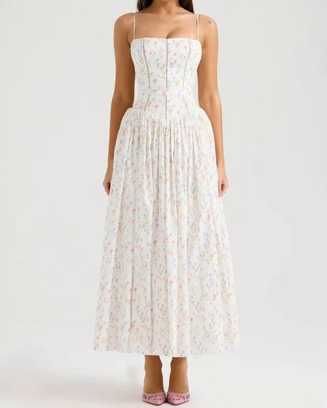 White Elegant Ditsy Floral Slip Midi Dress sold by rihoas