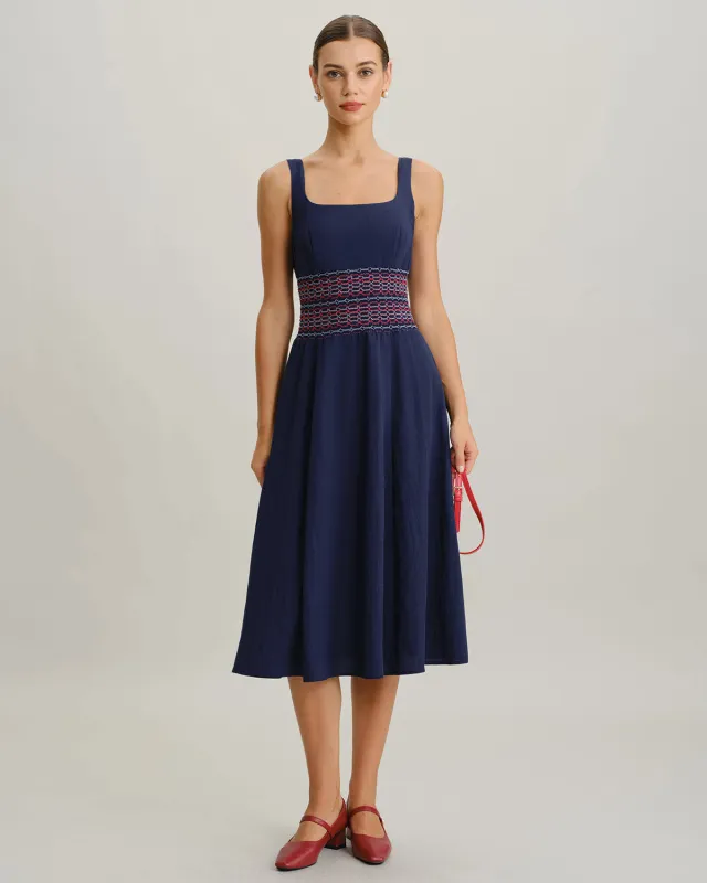Blue Square Neck Shirred A-Line Slip Midi Dress sold by rihoas