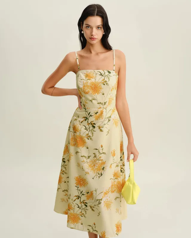 Yellow Floral Shirred Slip Midi Vacation Dress sold by rihoas