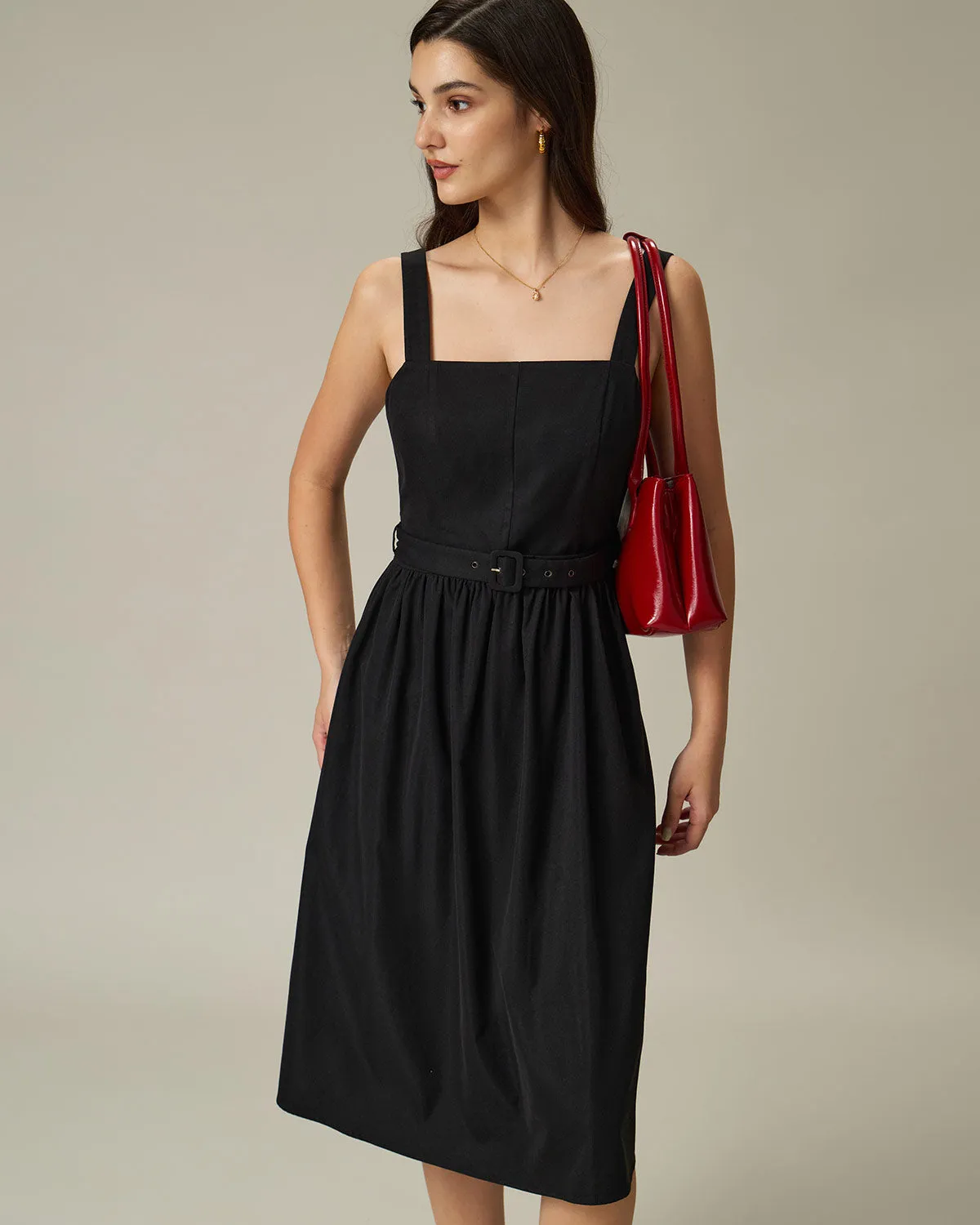 Black A-Line Square Neck Ruched Slip Midi Dress sold by rihoas