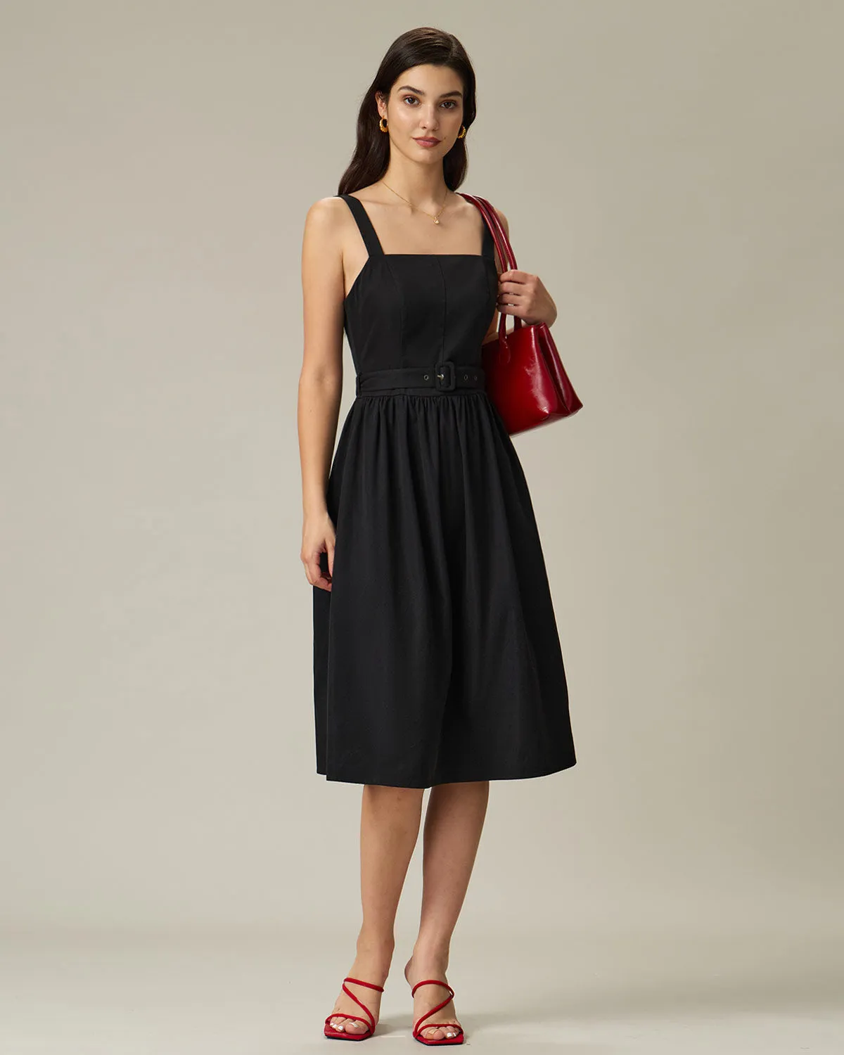 Black A-Line Square Neck Ruched Slip Midi Dress sold by rihoas product image thumbnail 3