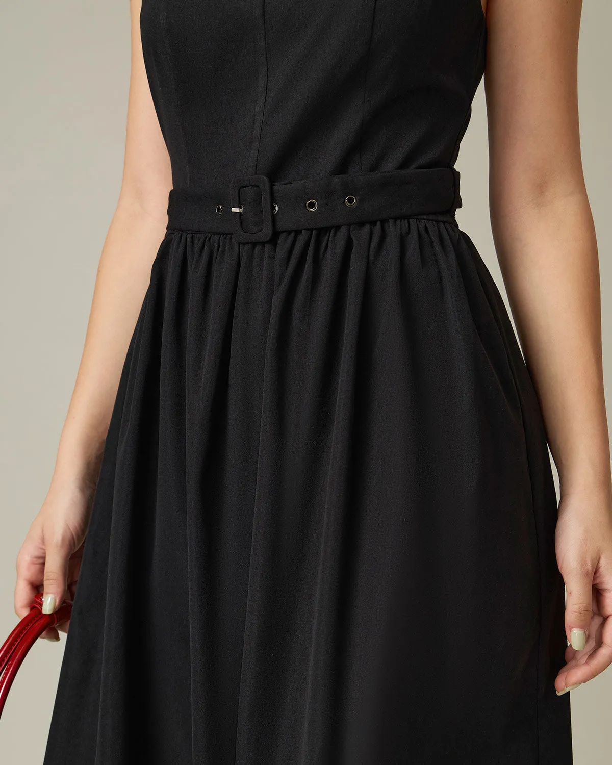 Black A-Line Square Neck Ruched Slip Midi Dress sold by rihoas product image thumbnail 2