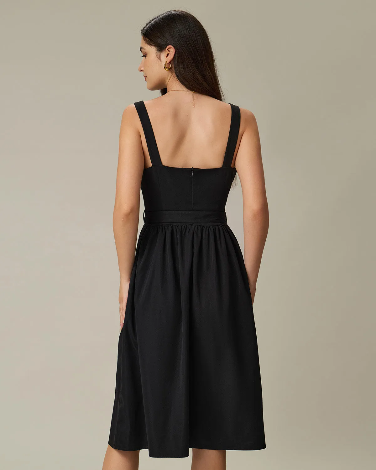 Black A-Line Square Neck Ruched Slip Midi Dress sold by rihoas product image thumbnail 4