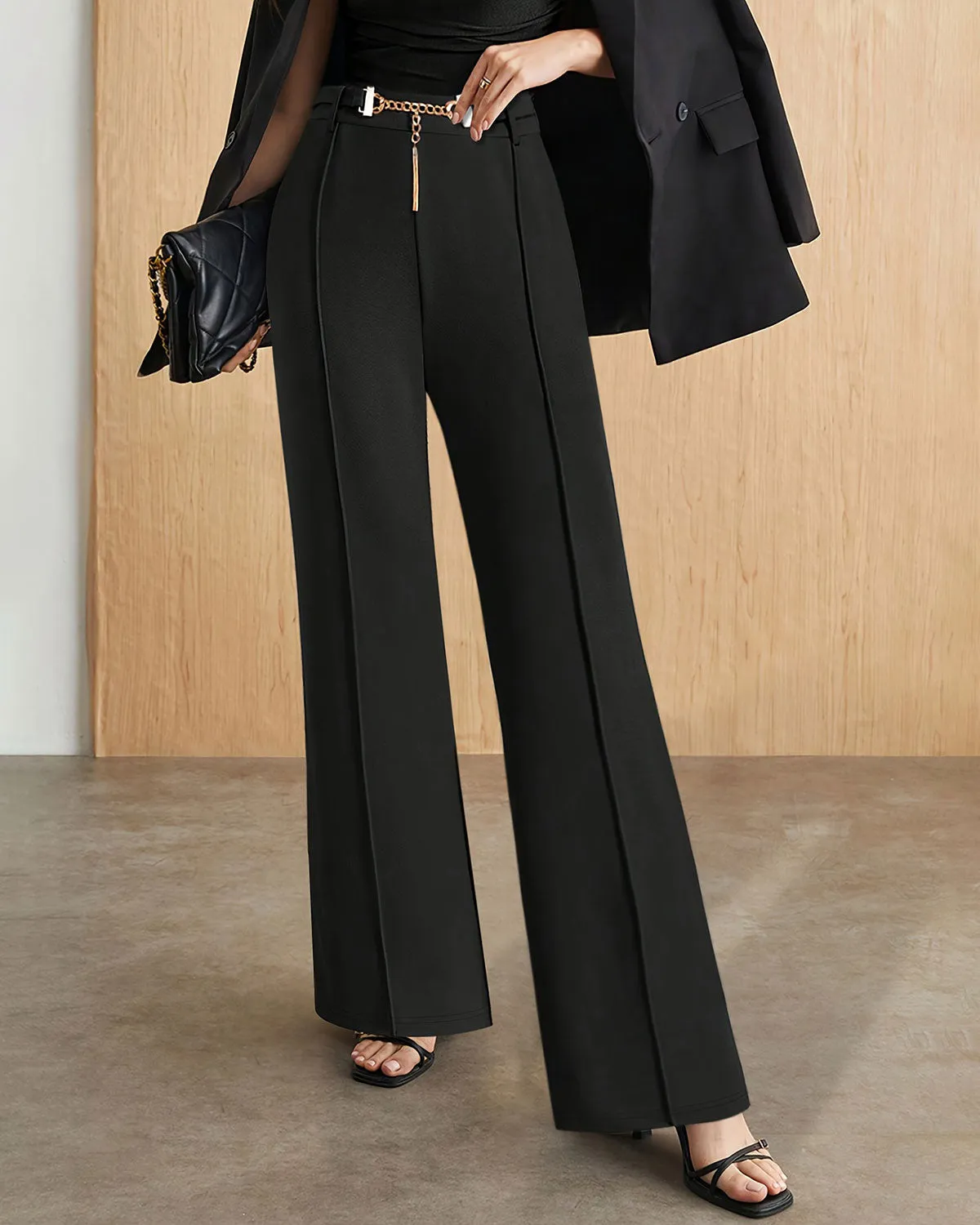 Black Straight Belt Casual Pants sold by rihoas product image thumbnail 2