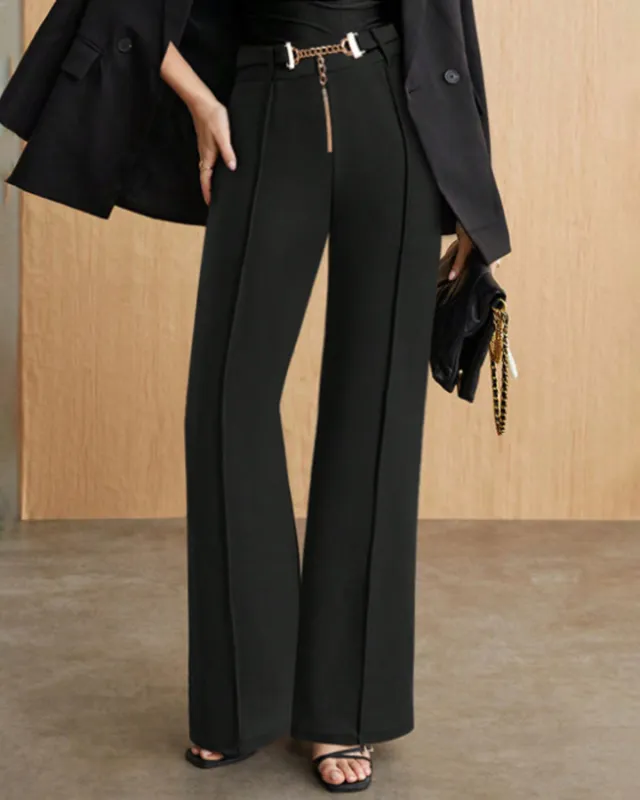 Black Straight Belt Casual Pants sold by rihoas