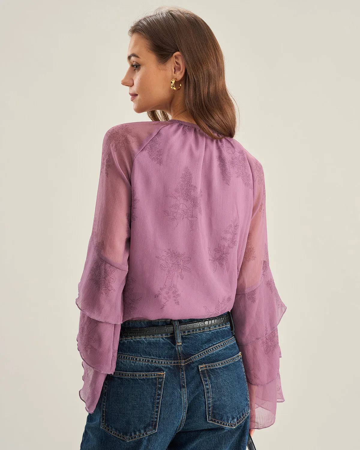 Purple Floral Chiffon Ruffle Blouse sold by rihoas product image thumbnail 4