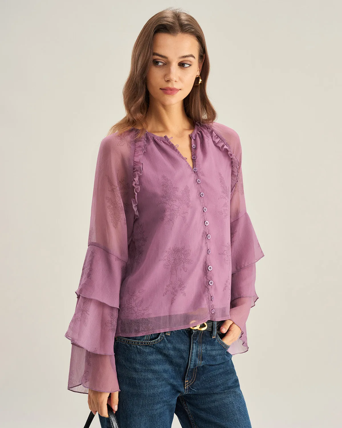 Purple Floral Chiffon Ruffle Blouse sold by rihoas