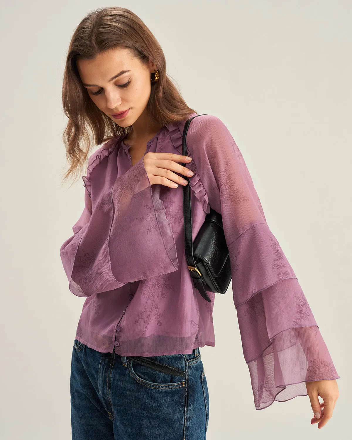 Purple Floral Chiffon Ruffle Blouse sold by rihoas product image thumbnail 3