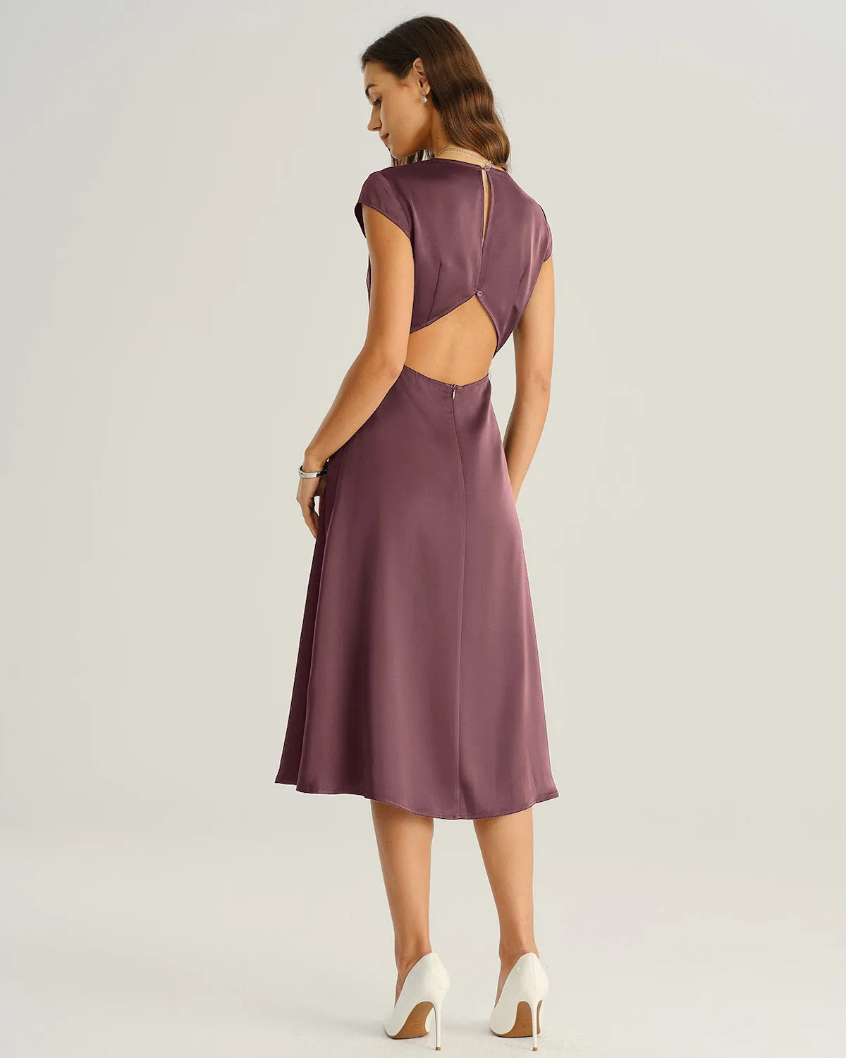 Purple Satin Cut Out Midi Dress sold by rihoas product image thumbnail 4