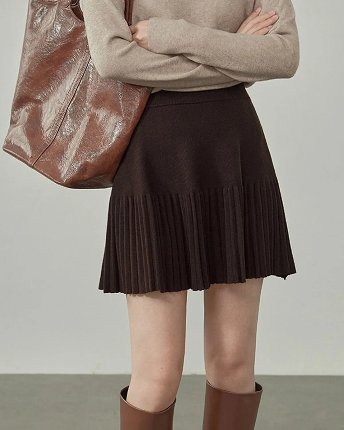 Coffee A-Line Pleated Mini Skirt sold by rihoas