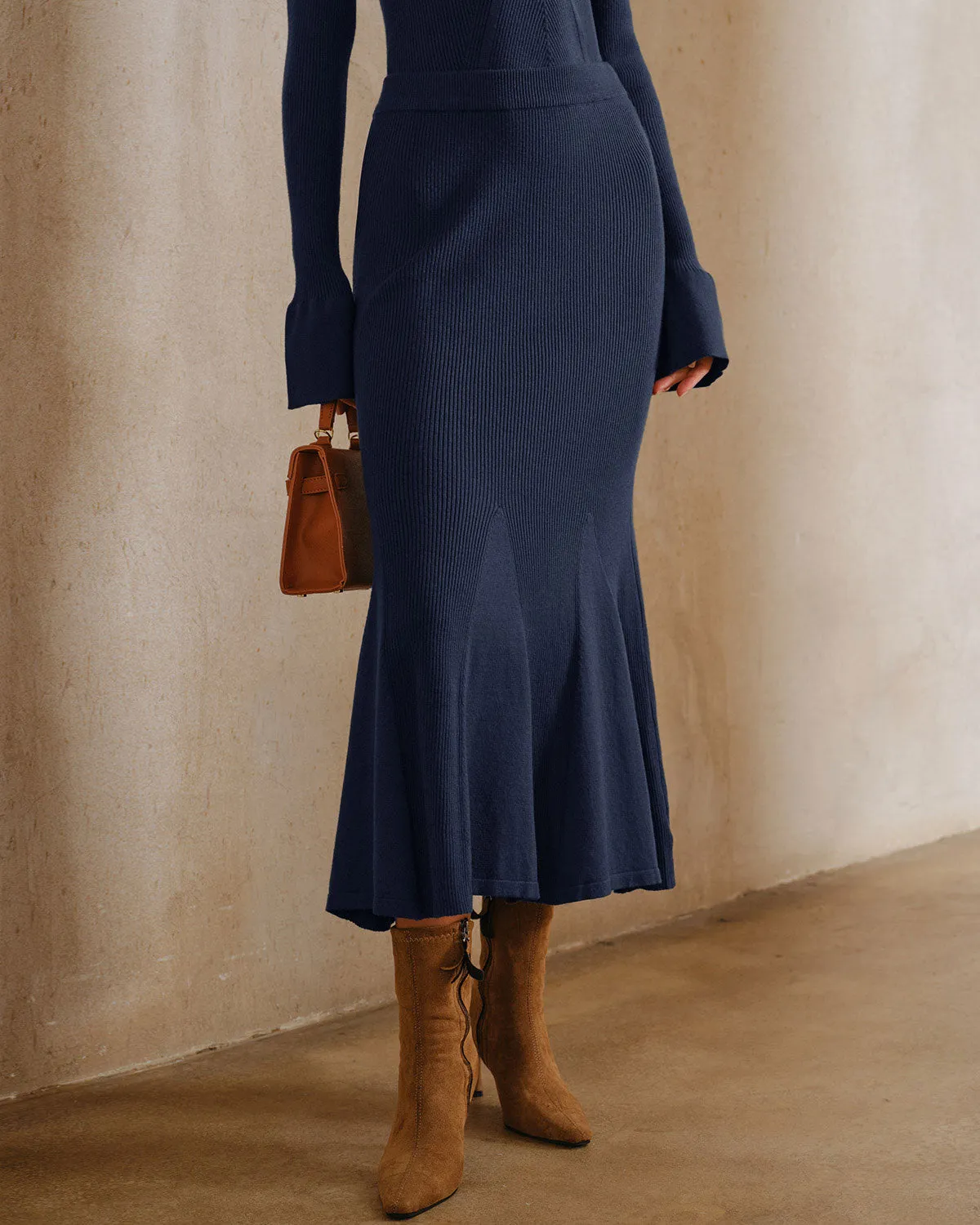 Navy Knit Mermaid Midi Skirt sold by rihoas