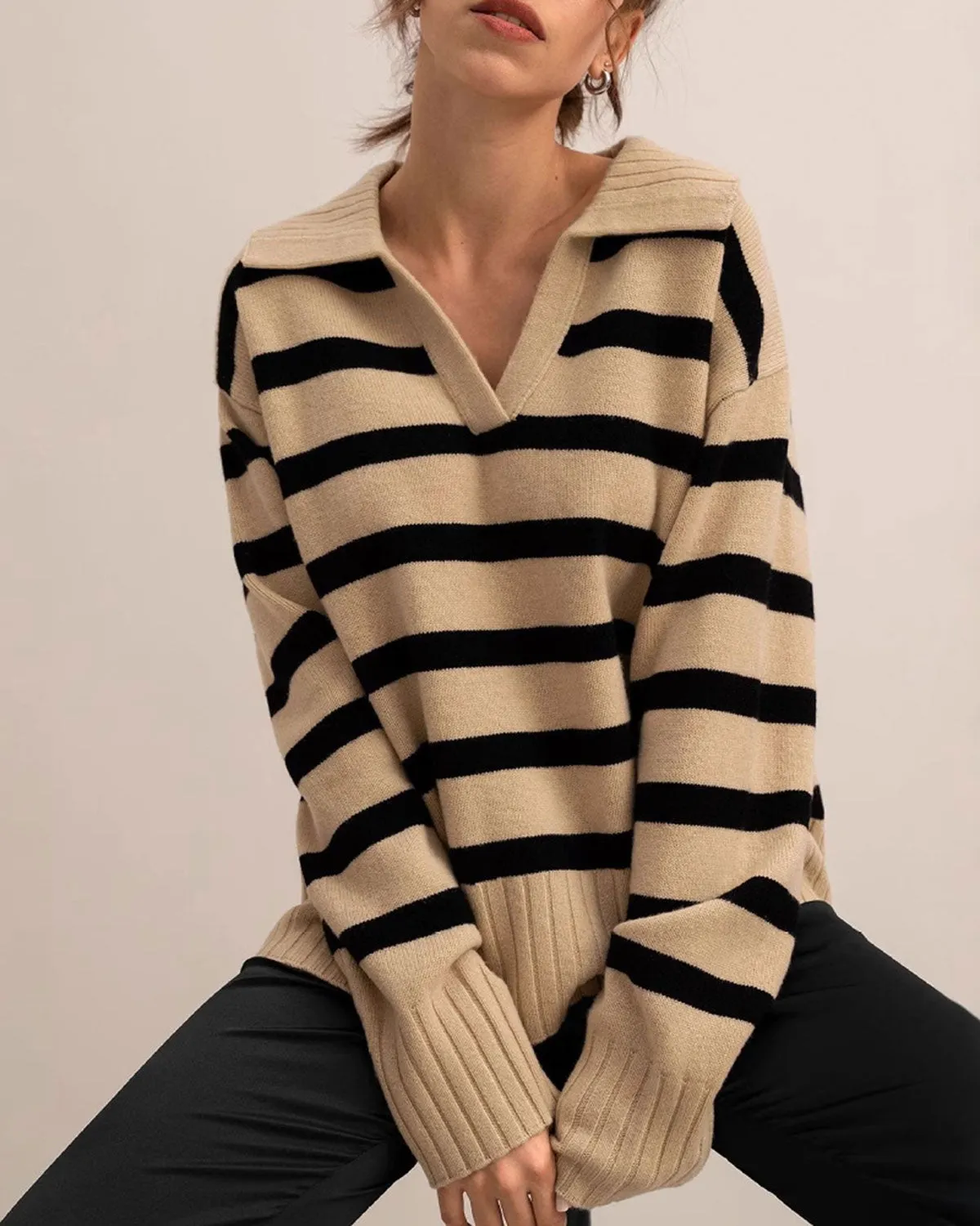 Khaki Striped Loose Sweater sold by rihoas