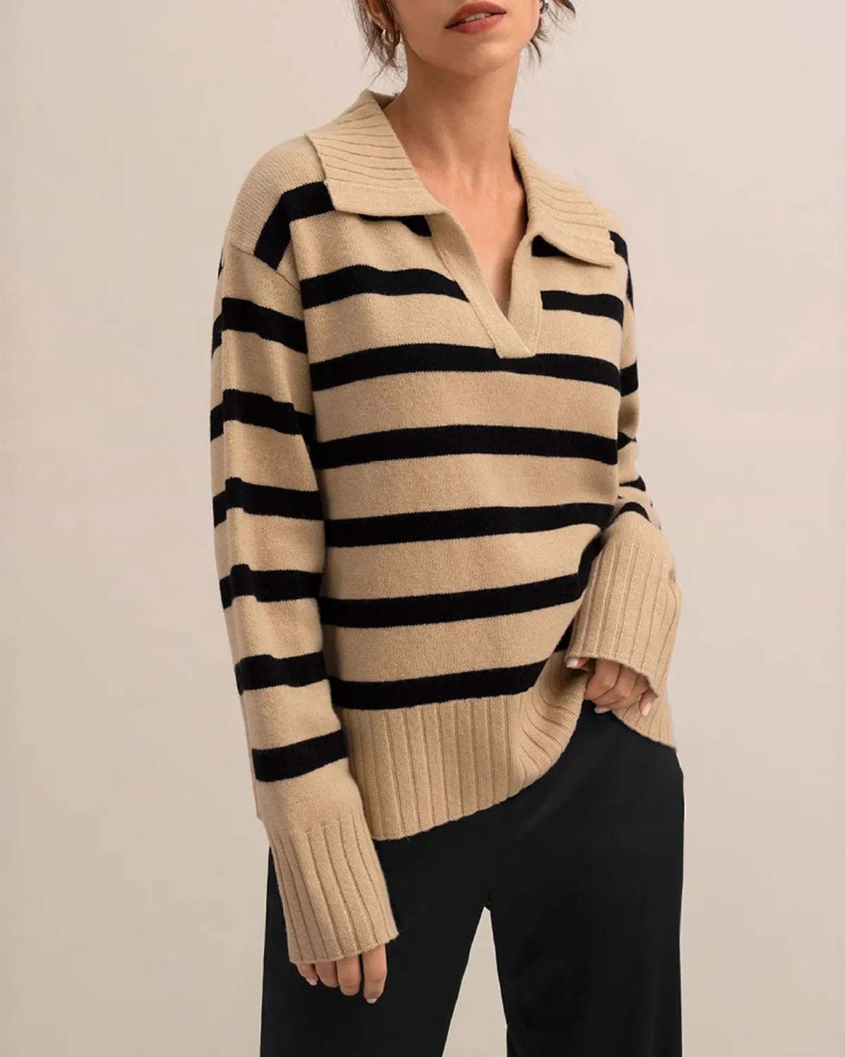 Khaki Striped Loose Sweater sold by rihoas product image thumbnail 3