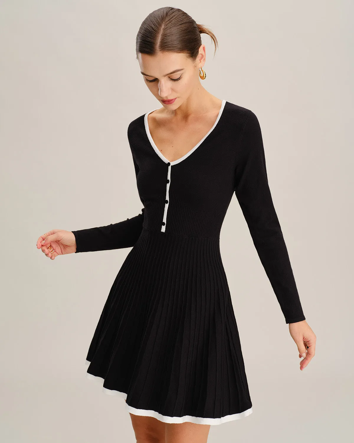 Black Contrasting V Neck Sweater Dress sold by rihoas product image thumbnail 2