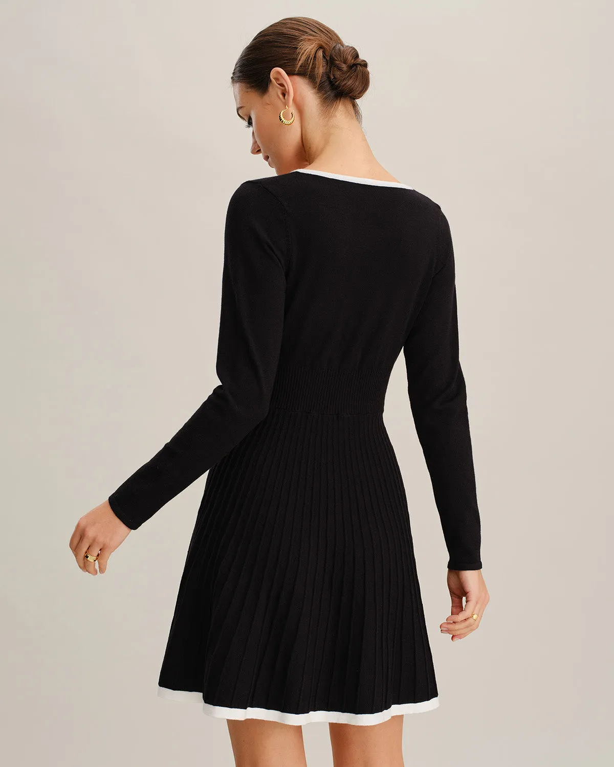Black Contrasting V Neck Sweater Dress sold by rihoas product image thumbnail 4