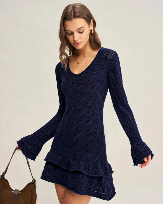 Navy A-Line V Neck Sweater Dress sold by rihoas