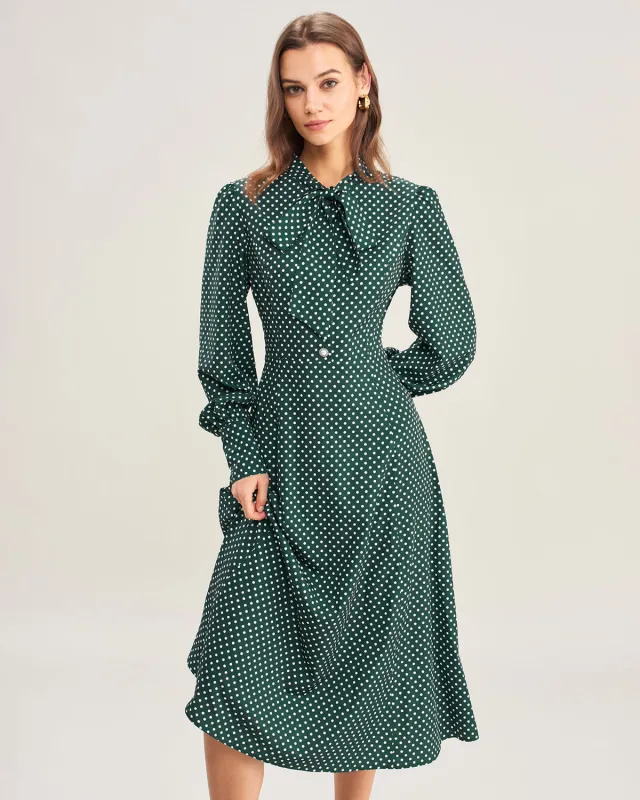 Green Polka Dot Tie Neck Midi Dress sold by rihoas