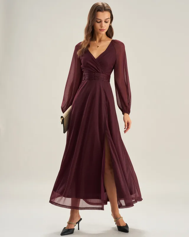 Purple V Neck See Through A-Line Maxi Dresses sold by rihoas