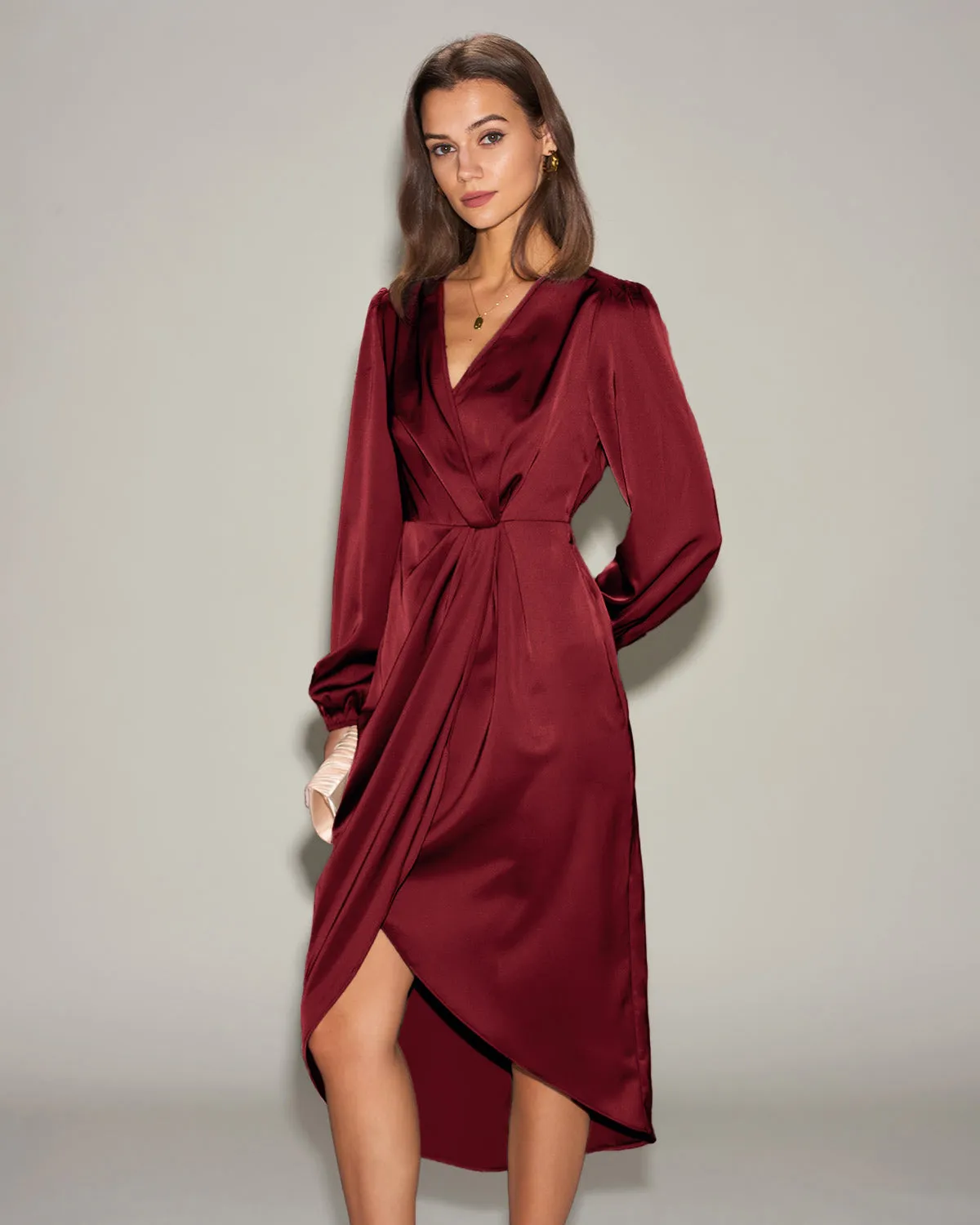 Red Satin Ruched Midi Dress sold by rihoas product image thumbnail 3