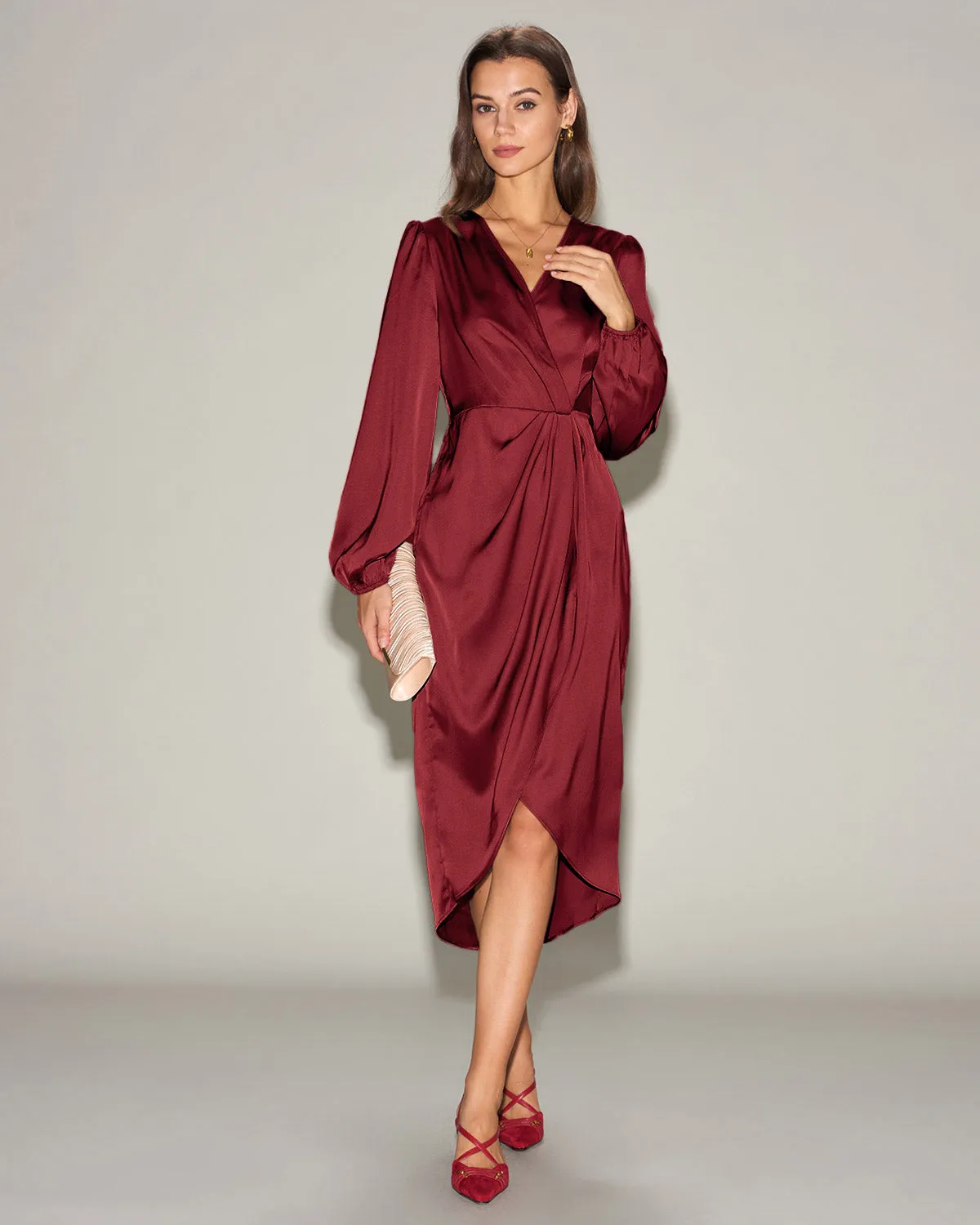 Red Satin Ruched Midi Dress sold by rihoas product image thumbnail 4