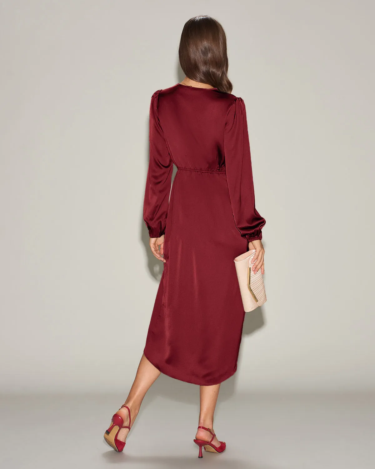 Red Satin Ruched Midi Dress sold by rihoas product image thumbnail 5