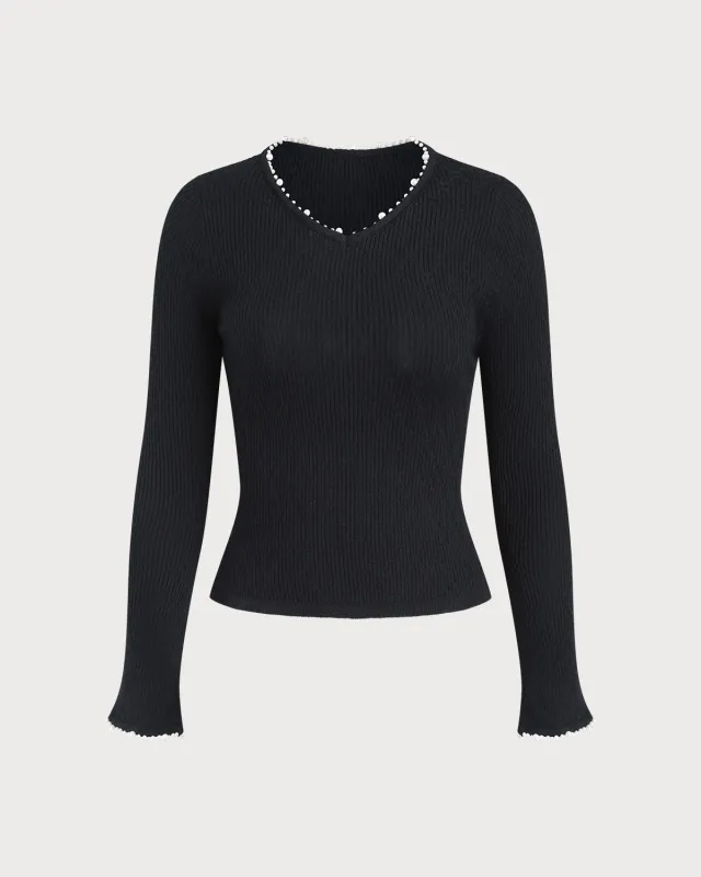 Black V Neck Slim Knit Tee sold by rihoas