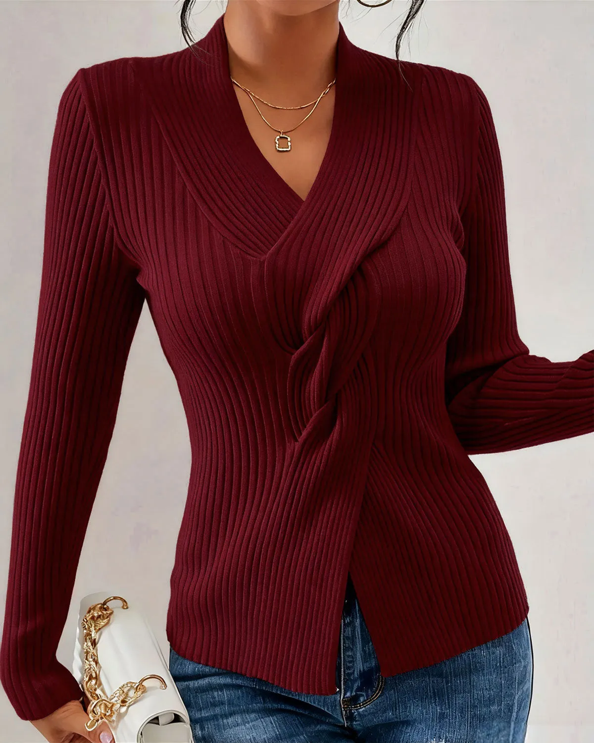 Wine Red V Neck Twist Knit Tee sold by rihoas product image thumbnail 2