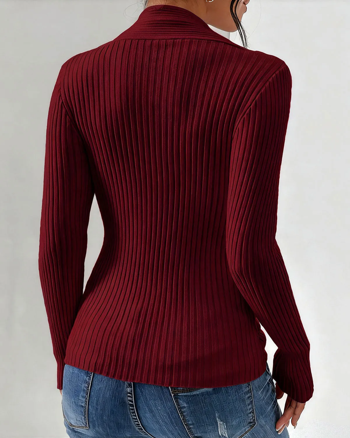 Wine Red V Neck Twist Knit Tee sold by rihoas product image thumbnail 4