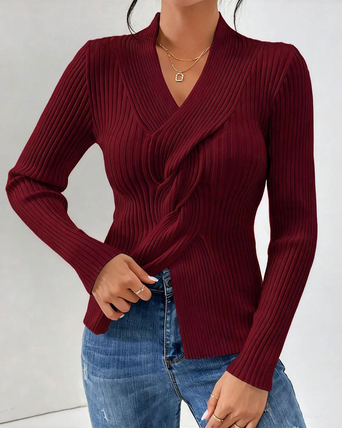 Wine Red V Neck Twist Knit Tee sold by rihoas