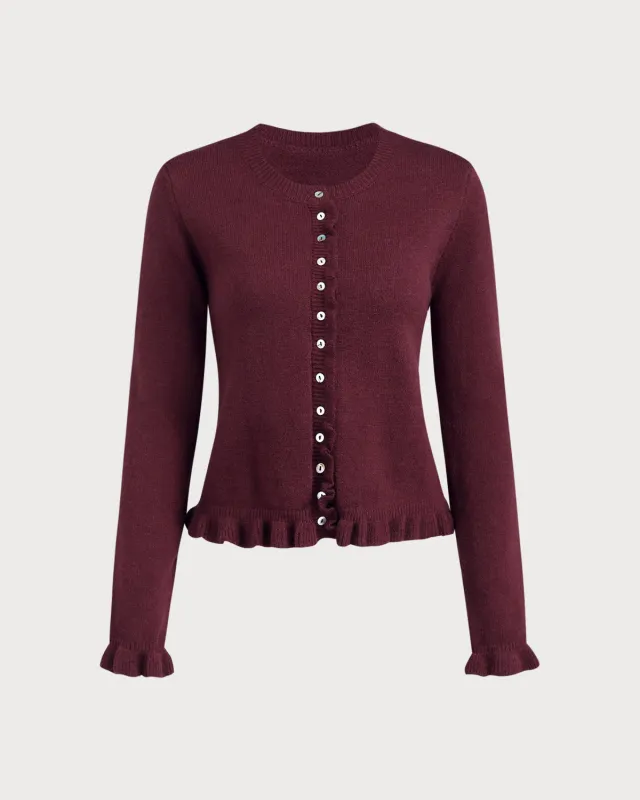 Wine Red Round Neck Knit Cardigan sold by rihoas