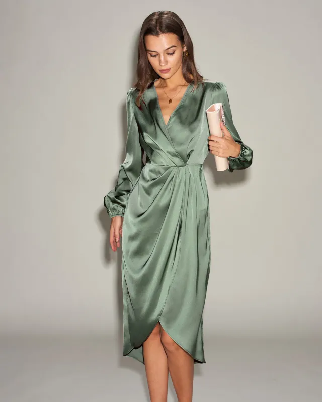 Green Satin Ruched Midi Dress sold by rihoas