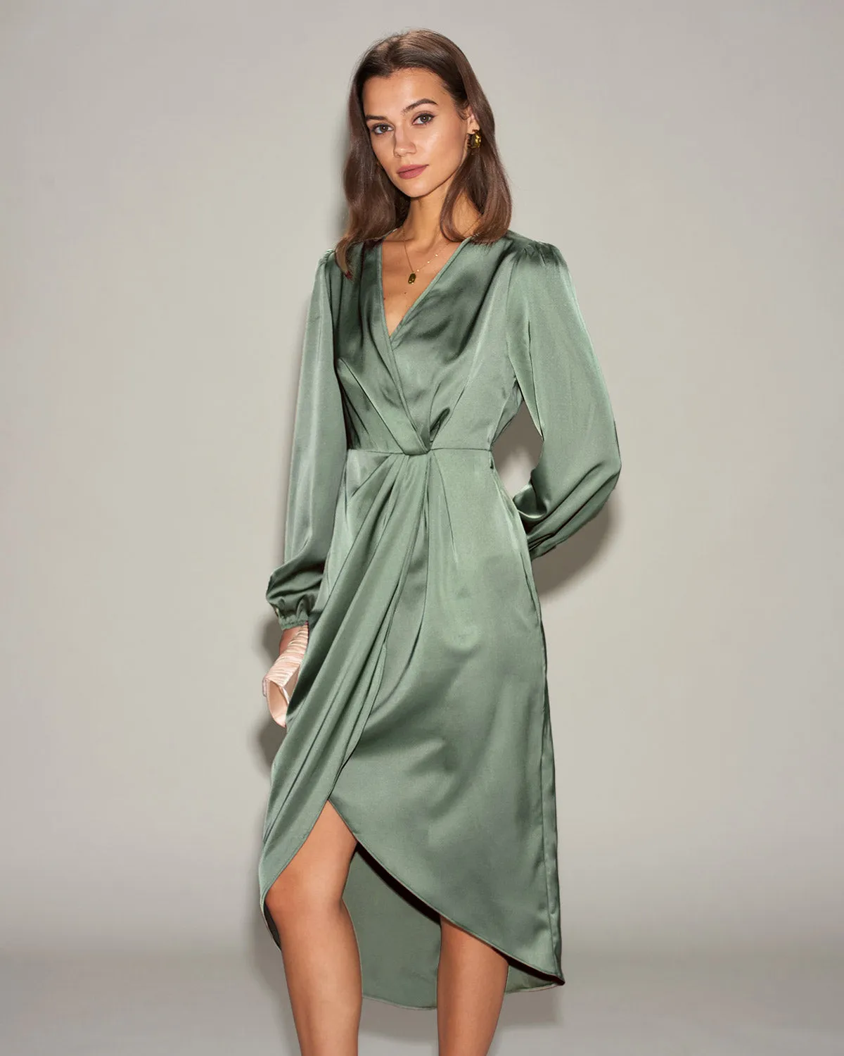 Green Satin Ruched Midi Dress sold by rihoas product image thumbnail 3