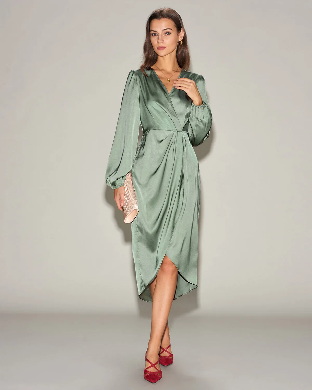 Green Satin Ruched Midi Dress sold by rihoas product image thumbnail 4