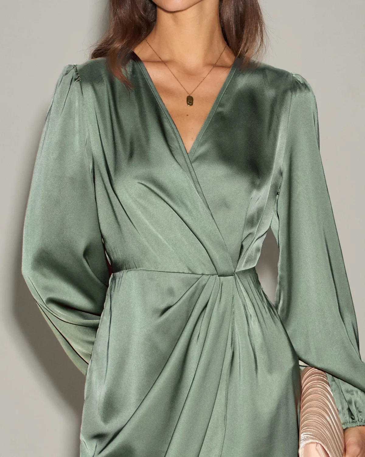 Green Satin Ruched Midi Dress sold by rihoas product image thumbnail 2