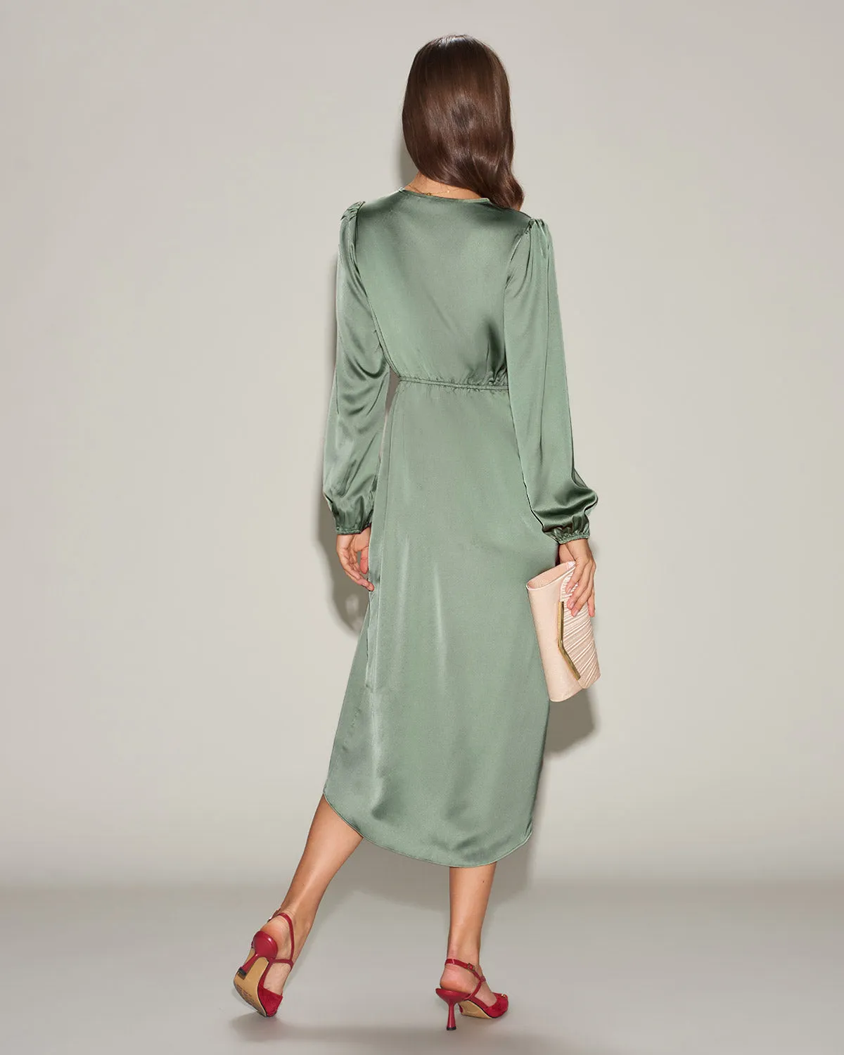 Green Satin Ruched Midi Dress sold by rihoas product image thumbnail 5
