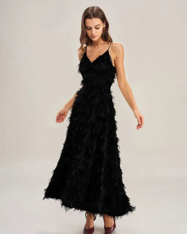 Black Feather Slip Maxi Dress sold by rihoas