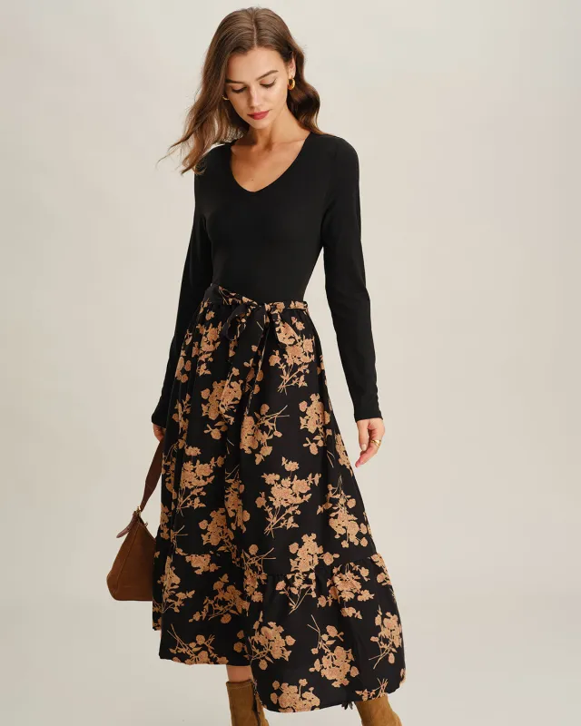 Black Floral A-Line Splicing Midi Dress sold by rihoas